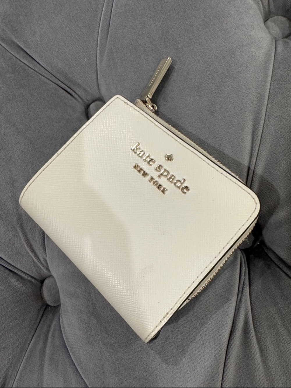 kate spade White Saffiano Zip Around Wallet with Gold Logo